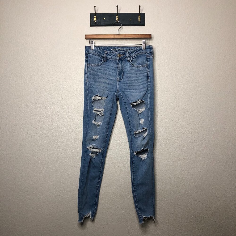 American Eagle Blue Wash Jegging Women's 6 Distressed Thrashed Streetwear Preppy